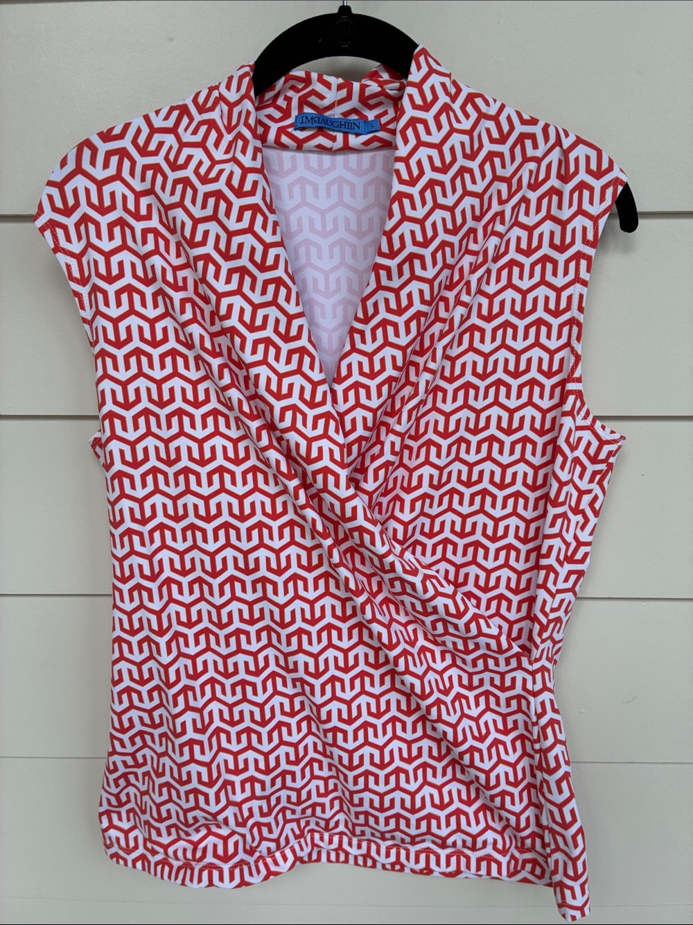J. McLaughlin Coral and White Geometric Sleeveless Wrap Top